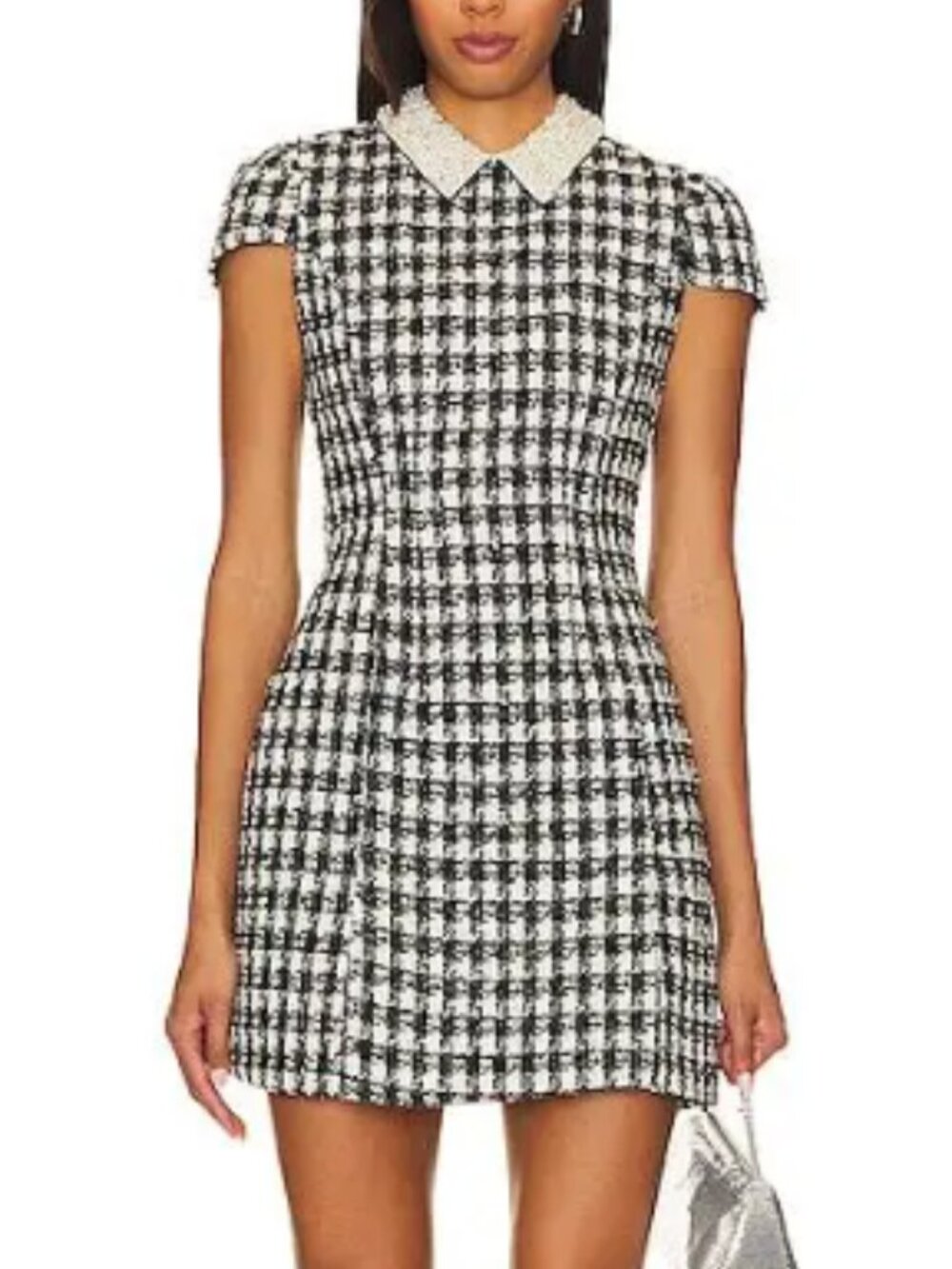 Alice + Olivia Velia Embellished Pearl Collar Tweed Mini Dress Black White Sz 2
